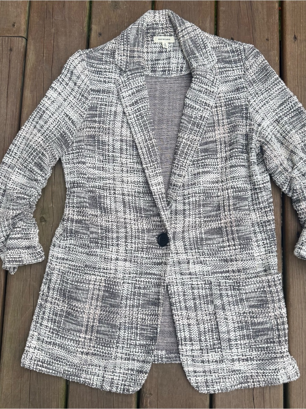 Max Studio Women’s Black White Plaid Long Blazer Jacket 3/4 Sleeve Sz S Academia